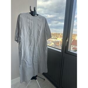 Shift Dress Gray 100% Linen Short Sleeve Crew Neck Midi Solid XS-S Woven